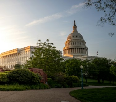 The dome of the US Capitol in Washington at sunrise