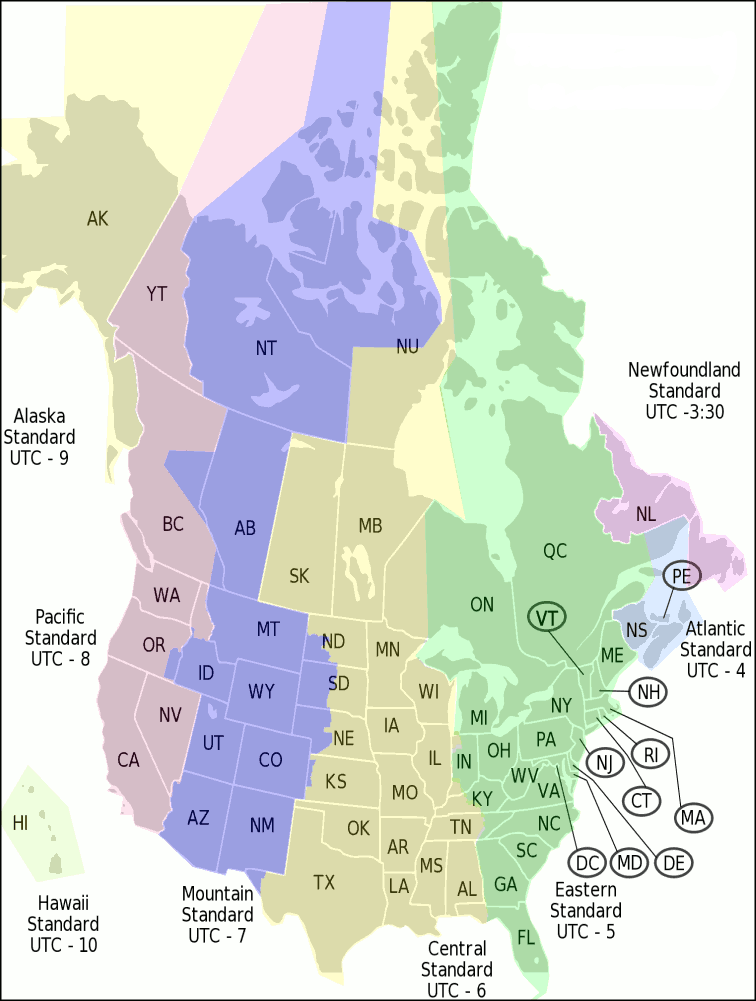 Canada and the USA Time Zones